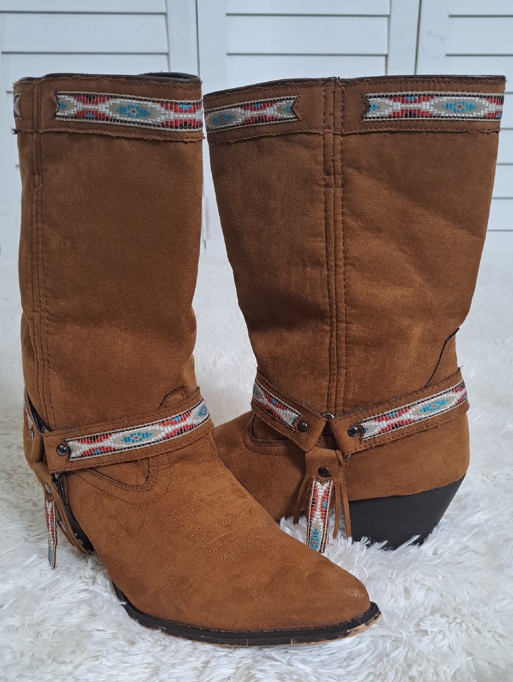 Dingo Women’s Western Boots 9.5 Faux Suede Fringe Harness Boho Festival